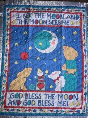 Vintage 90's Sue Dreamer Bright God Bless Moon Baby Blanket Crib Quilt